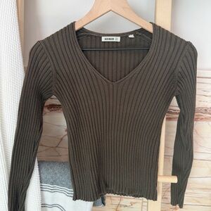 Buck Mason Ribbed V-Neck Sweater, Olive Brown